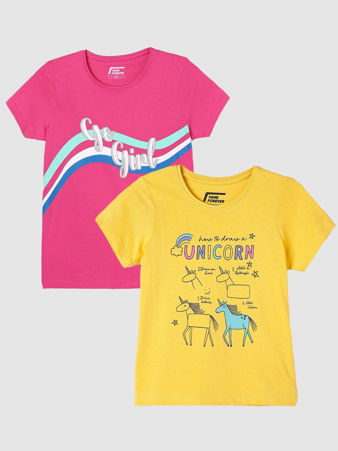 

Fame Forever by Lifestyle Girls Pack Of 2 Typography Printed Cotton T-Shirts, Yellow