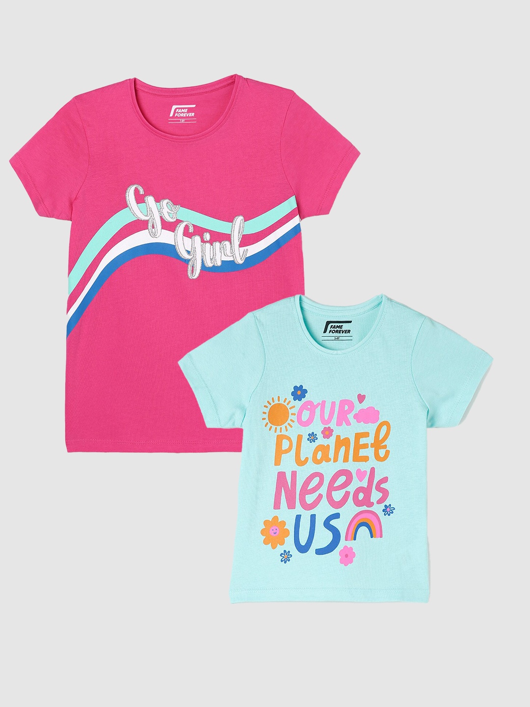 

Fame Forever by Lifestyle Girls Pack Of 2 Typography Printed Cotton T-Shirts, Sea green