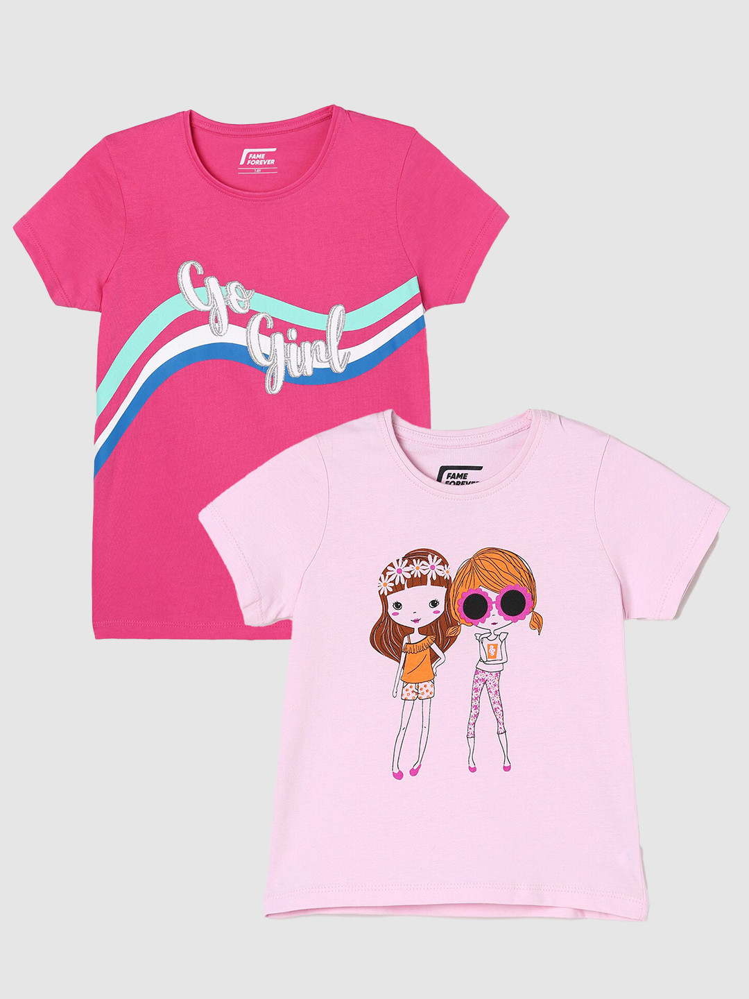 

Fame Forever by Lifestyle Girls Pack Of 2 Printed Cotton T-Shirts, Pink
