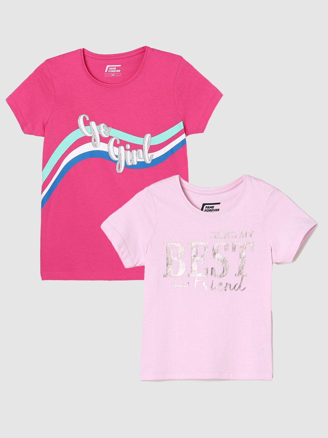 

Fame Forever by Lifestyle Girls Pack Of 2 Typography Printed Cotton T-Shirts, Pink