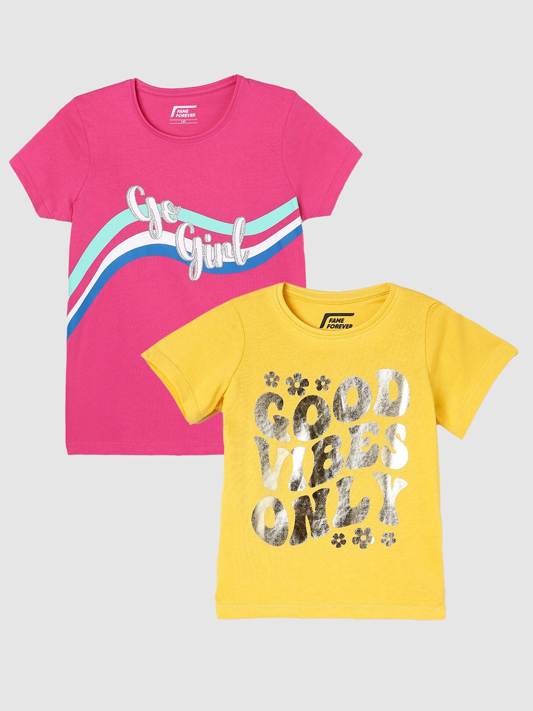

Fame Forever by Lifestyle Girls Pack Of 2 Typography Printed Cotton T-Shirts, Yellow