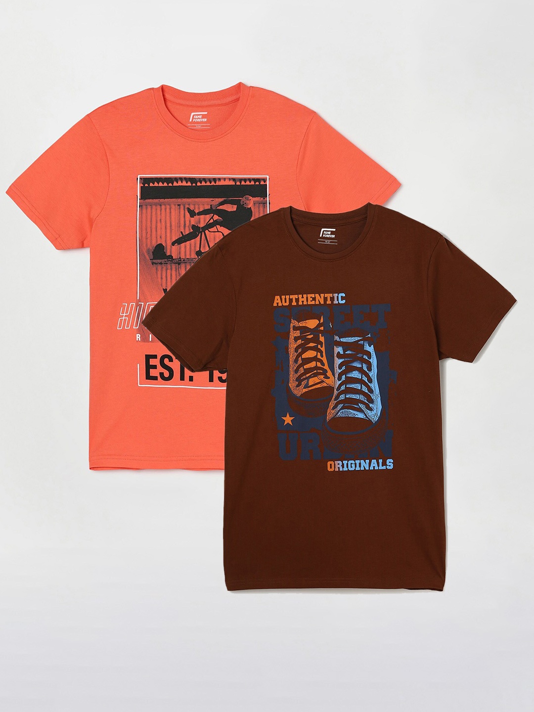 

Fame Forever by Lifestyle Boys Pack Of 2 Printed Cotton T-Shirts, Coral