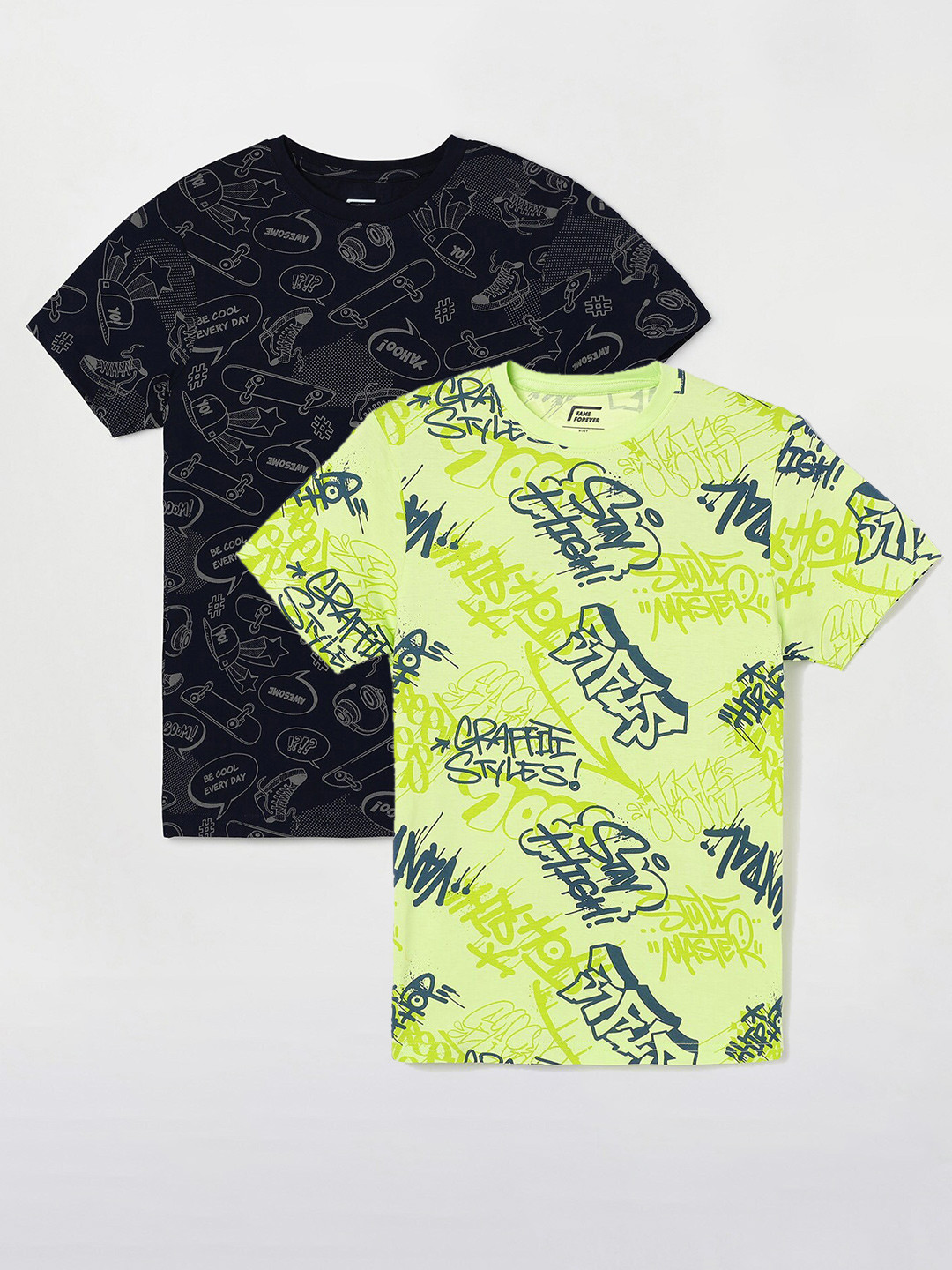 

Fame Forever by Lifestyle Boys Pack Of 2 Printed Cotton T-Shirts, Navy blue