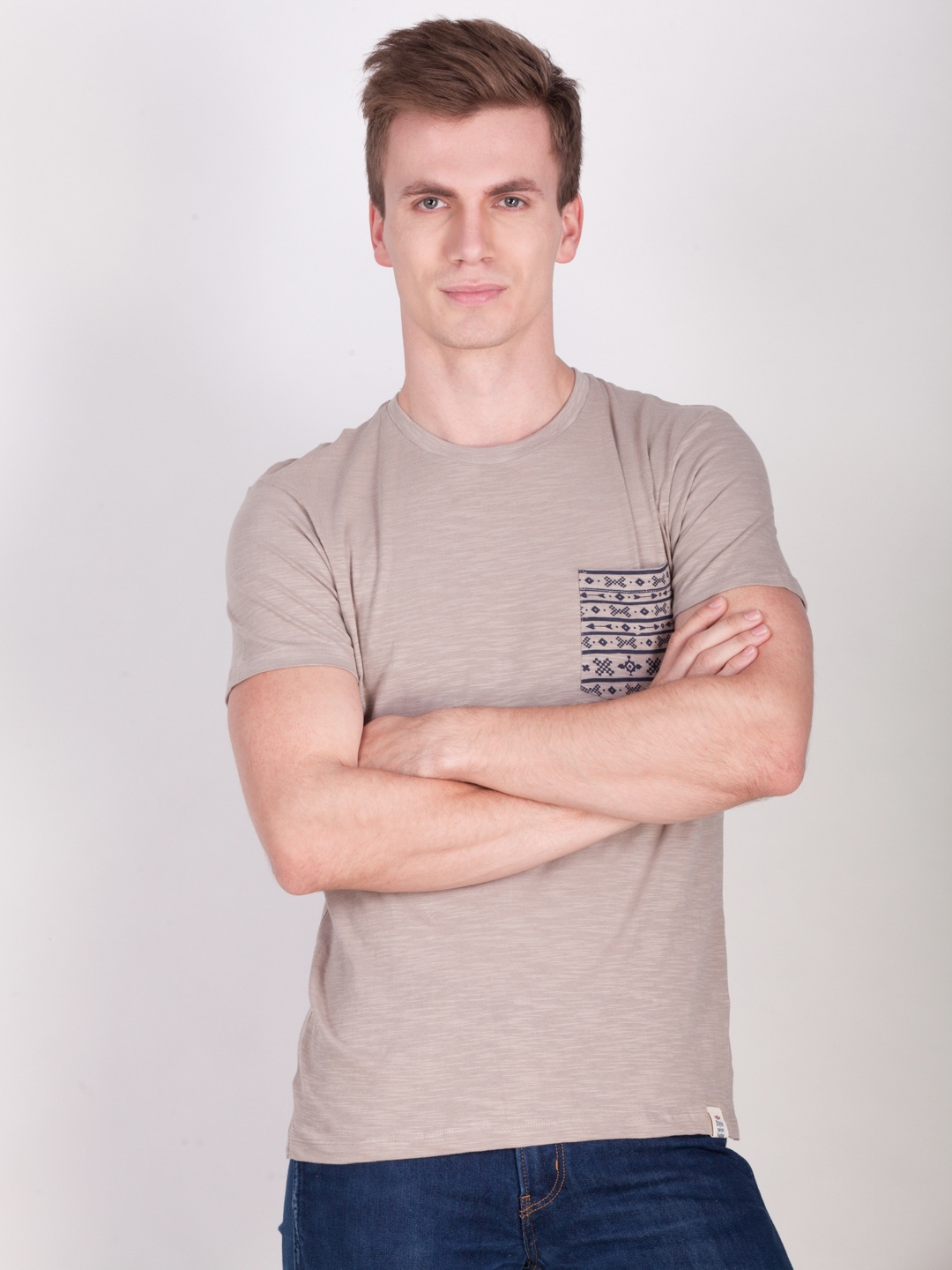 

Force NXT Men Taupe Printed Round Neck T-shirt