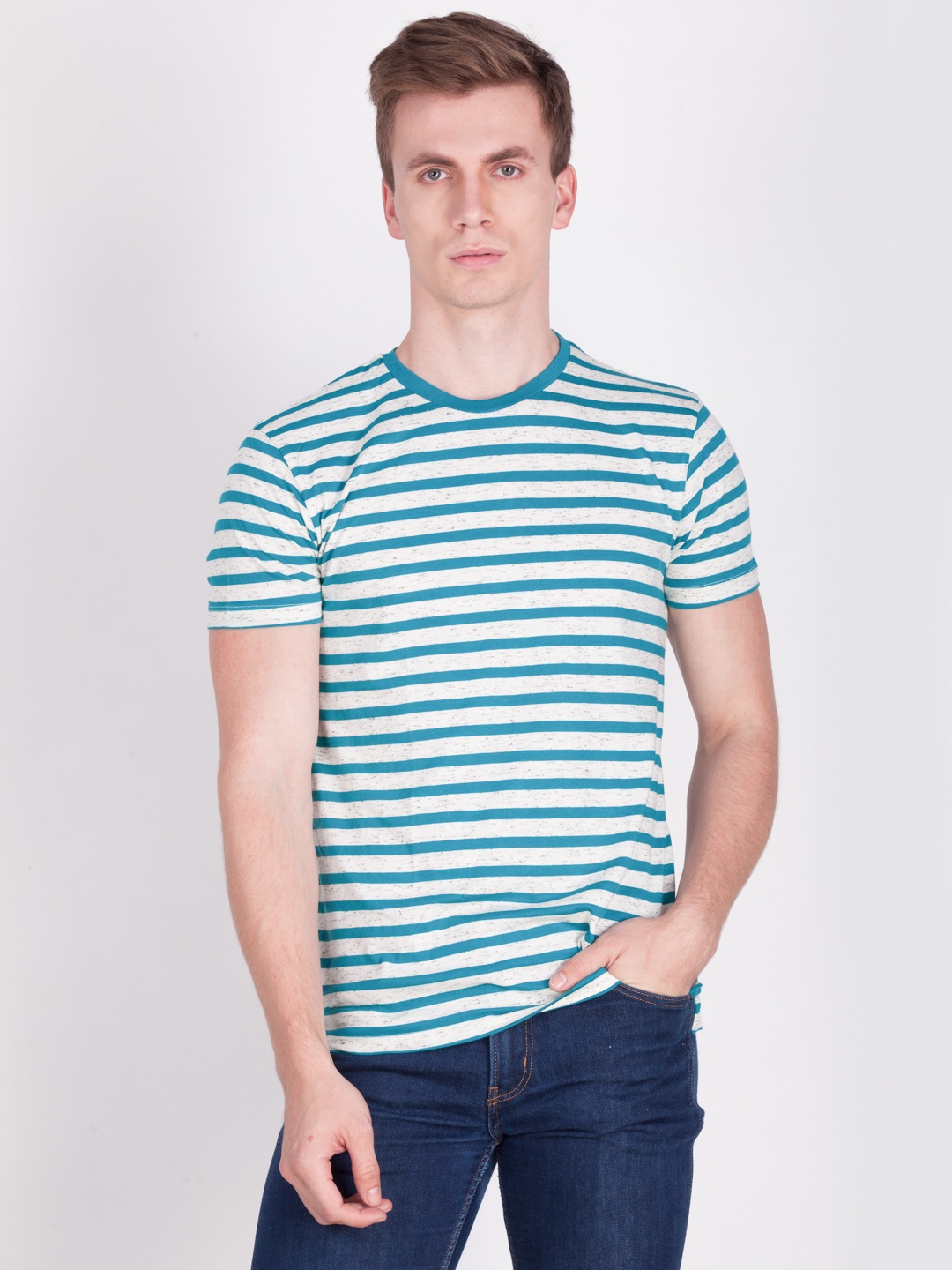 

Force NXT Men Turquoise Blue Striped Round Neck T-shirt