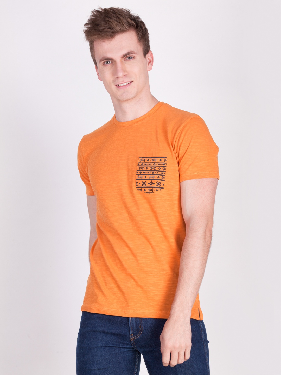 

Force NXT Men Orange Printed Round Neck T-shirt
