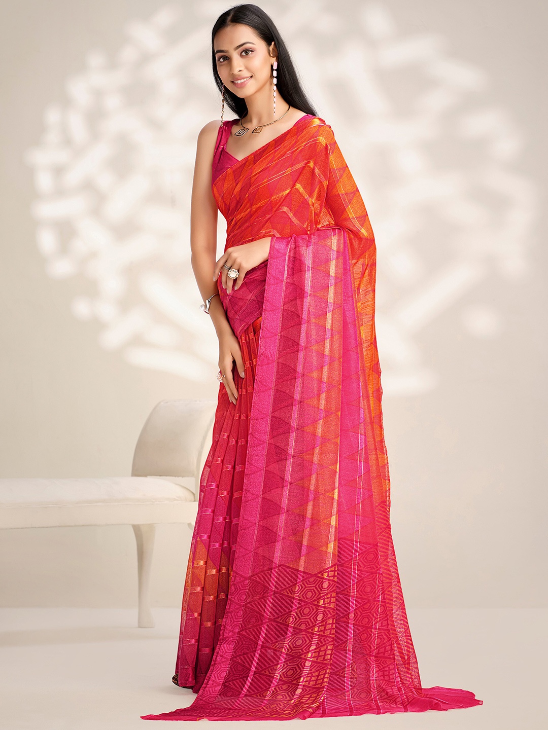 

Sangria Geometric Printed Chanderi Saree, Orange