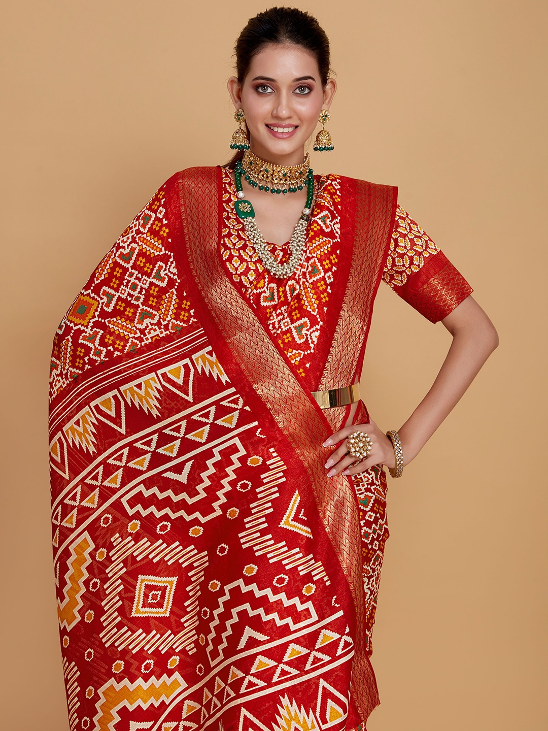 

Sangria Geometric Printed Zari Saree, Red