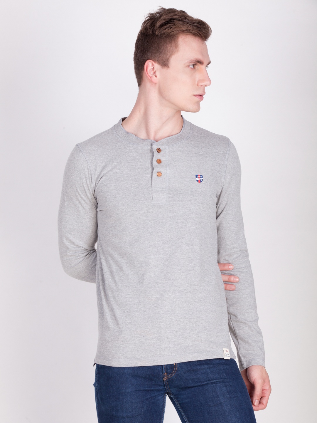 

Force NXT Men Grey Solid Henley Neck T-shirt