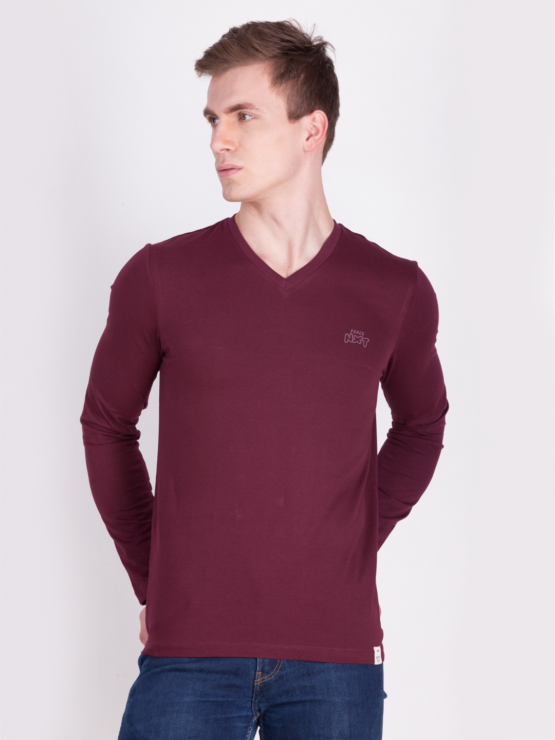 

Force NXT Men Burgundy Solid V-Neck T-shirt