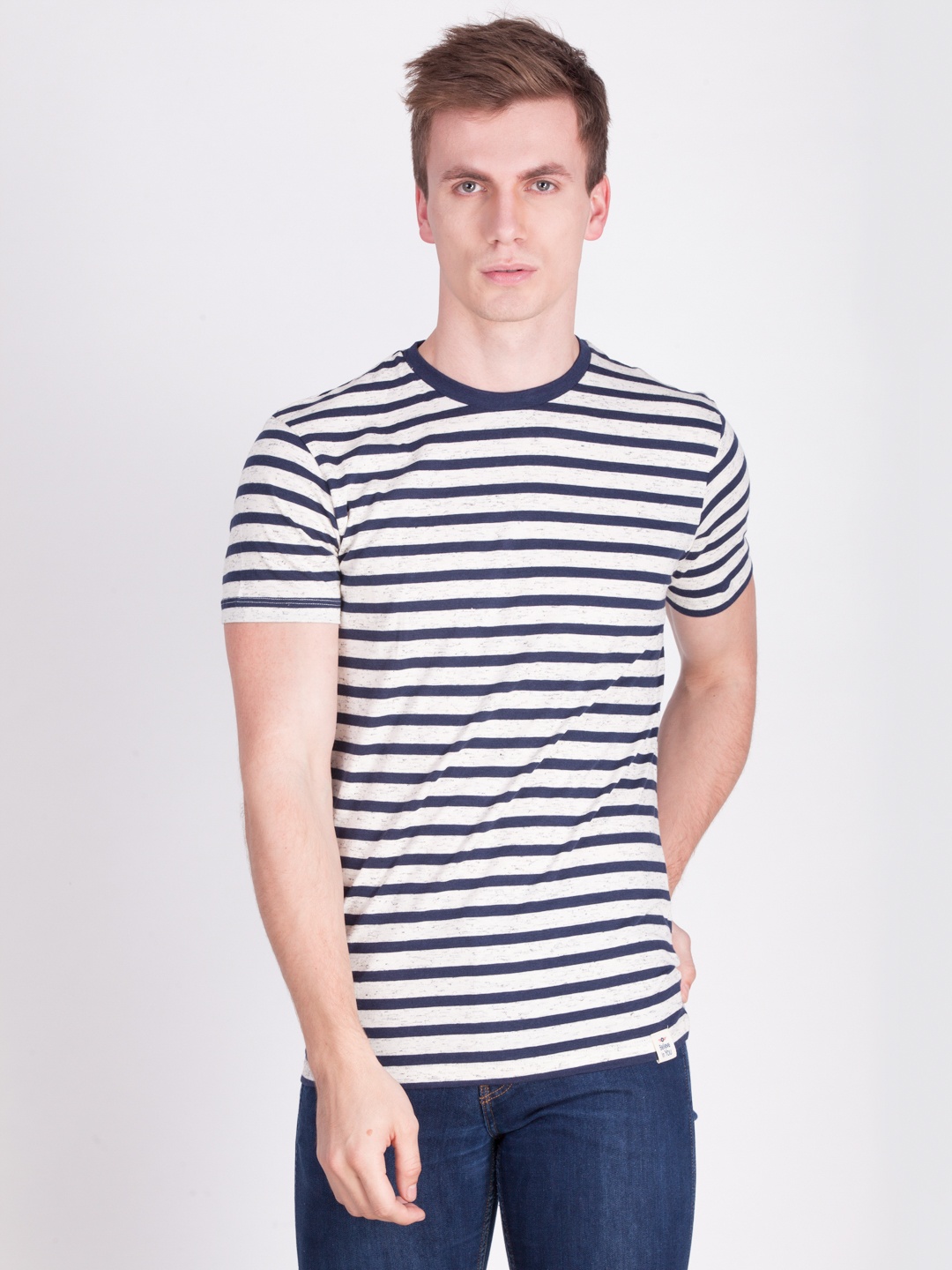 

Force NXT Men Navy Blue & Off-White Striped Round Neck T-shirt