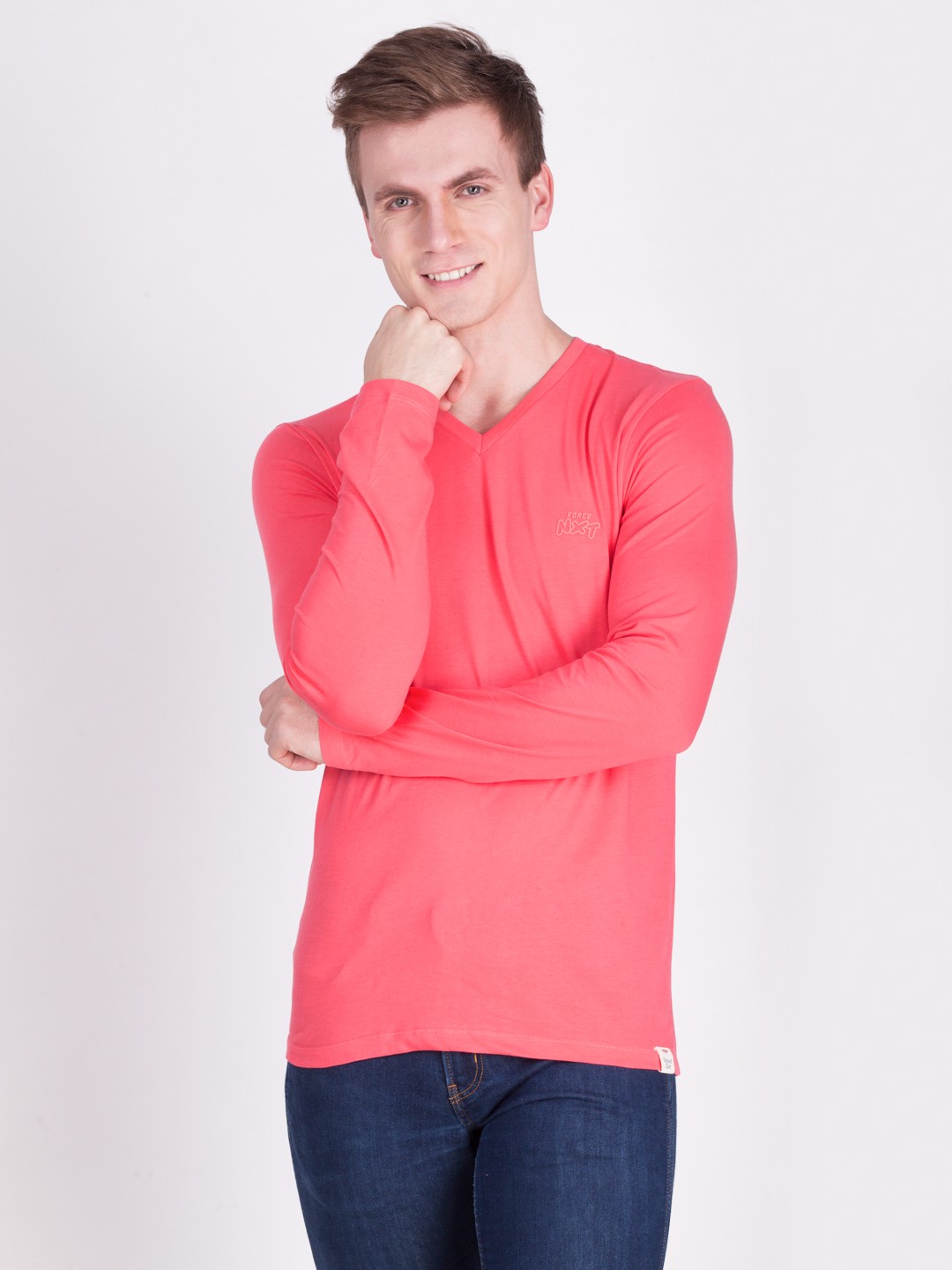 

Force NXT Men Coral Pink Solid V-Neck T-shirt