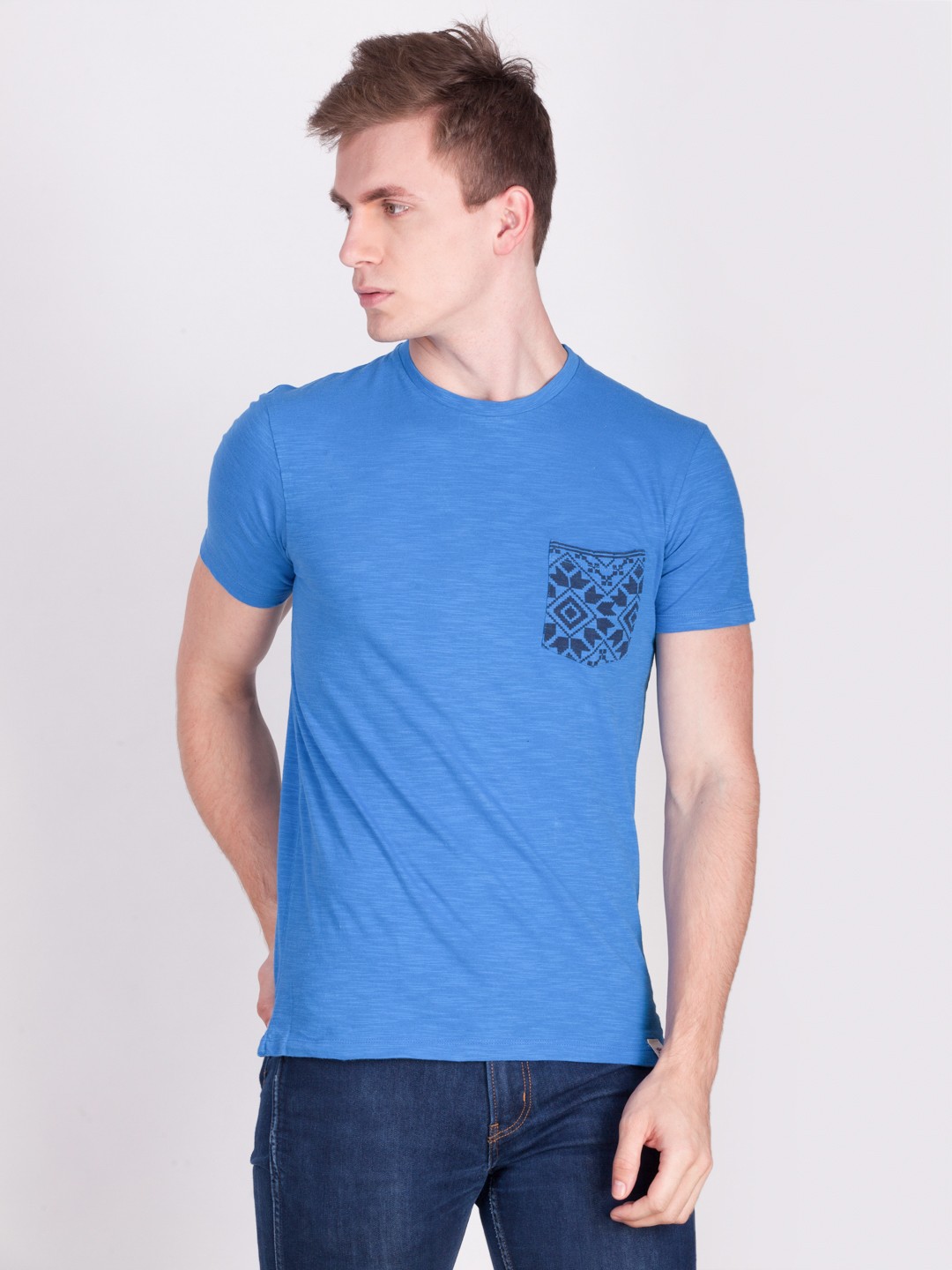 

Force NXT Men Blue Printed Round Neck T-shirt