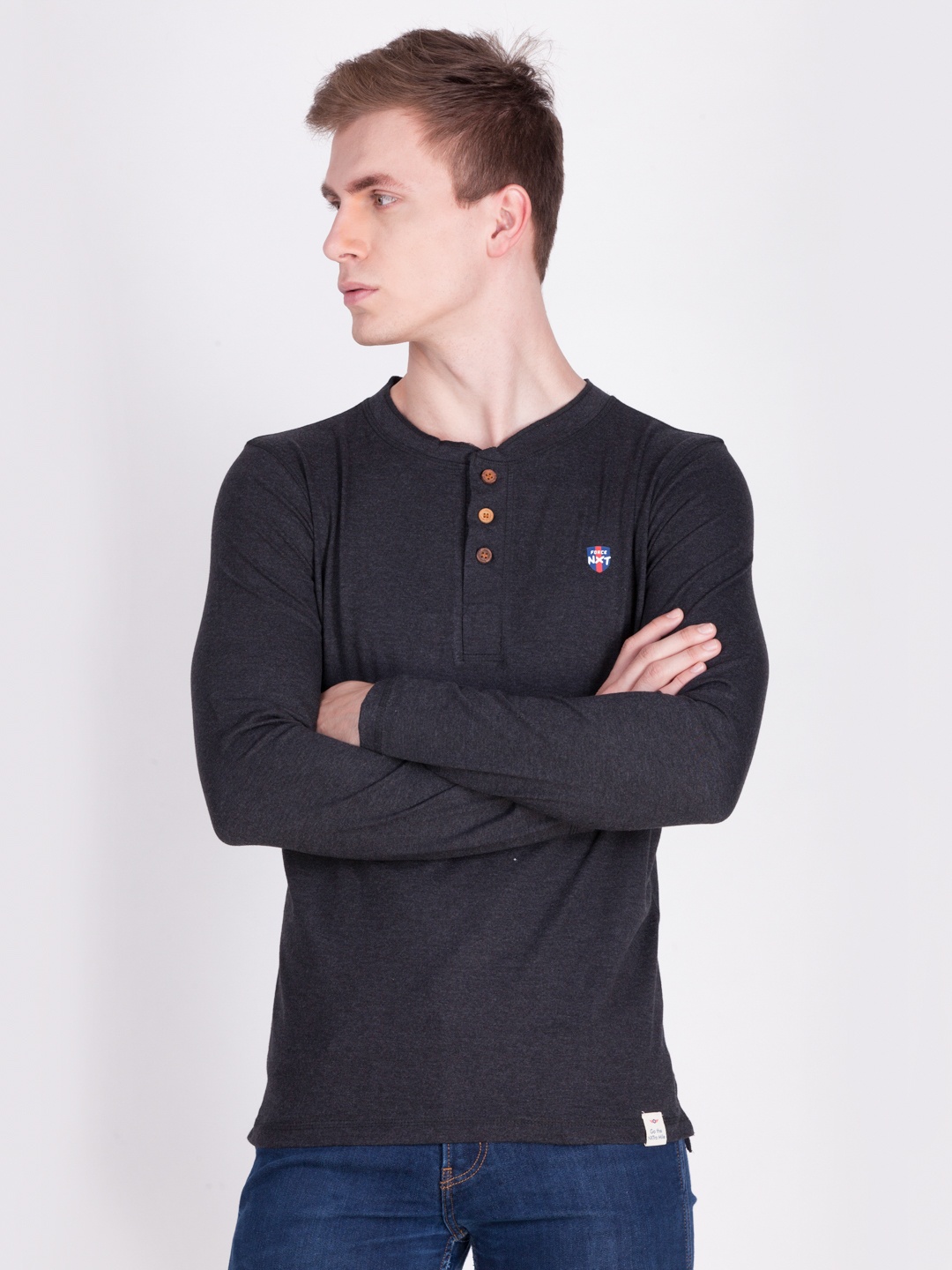 

Force NXT Men Charcoal Grey Solid Henley Neck T-Shirt