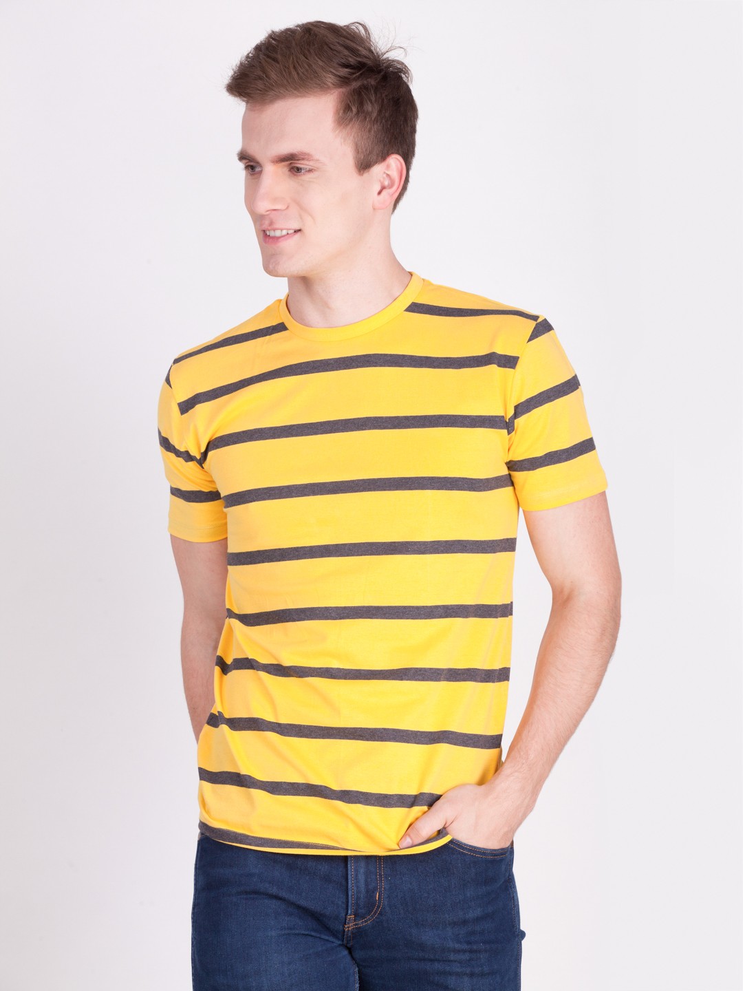 

Force NXT Men Yellow Striped Round Neck T-shirt