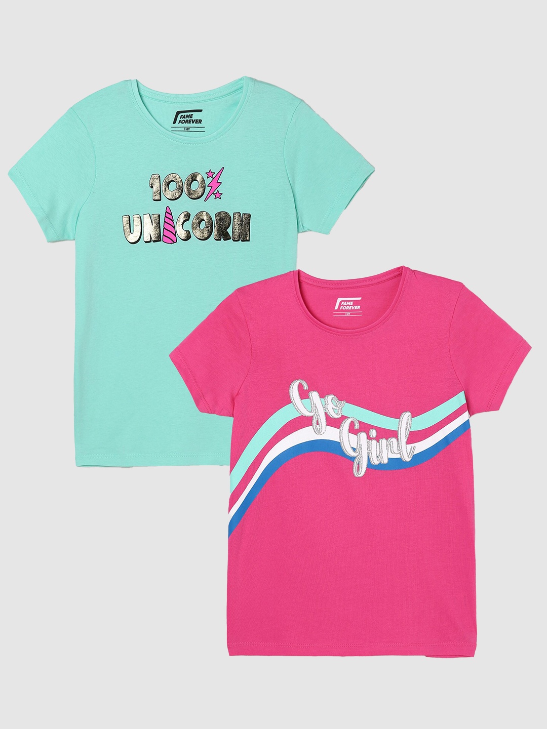 

Fame Forever by Lifestyle Girls Pack Of 2 Typography Printed Cotton T-Shirts, Pink