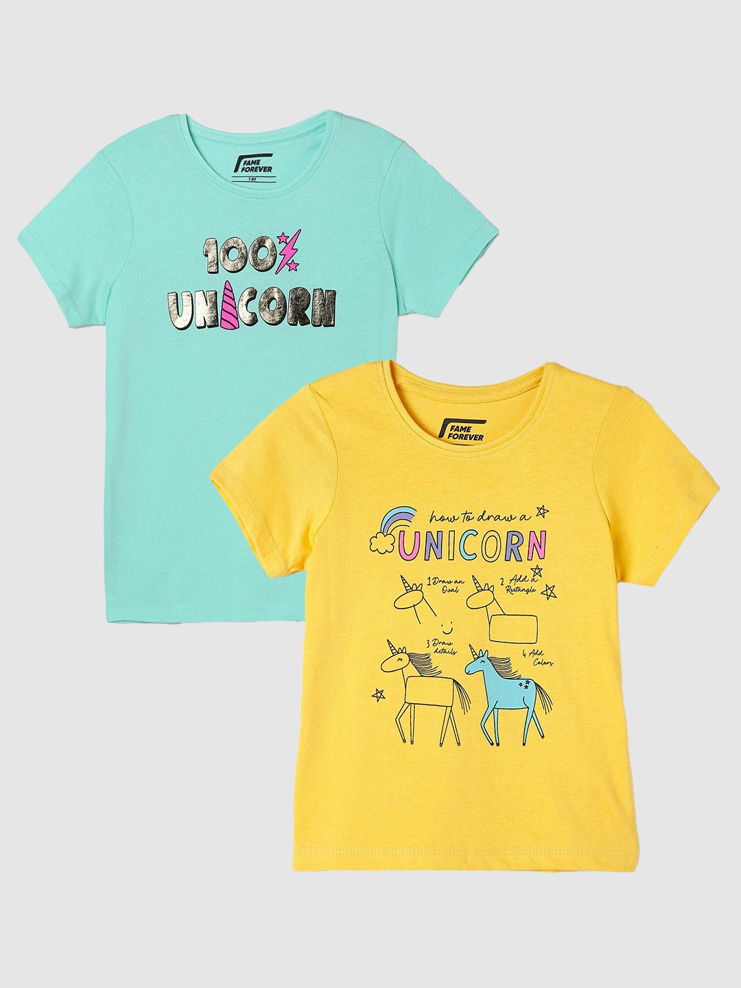 

Fame Forever by Lifestyle Girls Pack Of 2 Typography Printed Cotton T-Shirts, Yellow