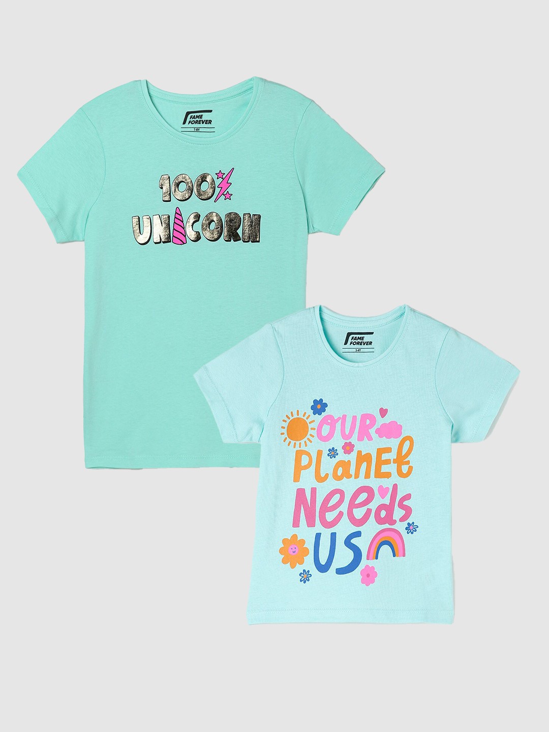 

Fame Forever by Lifestyle Girls Pack Of 2 Typography Printed Cotton T-Shirts, Sea green