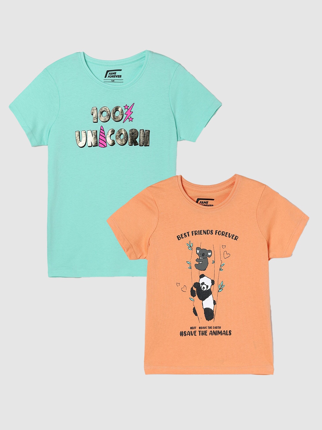 

Fame Forever by Lifestyle Girls Pack Of 2 Printed Cotton T-Shirts, Orange