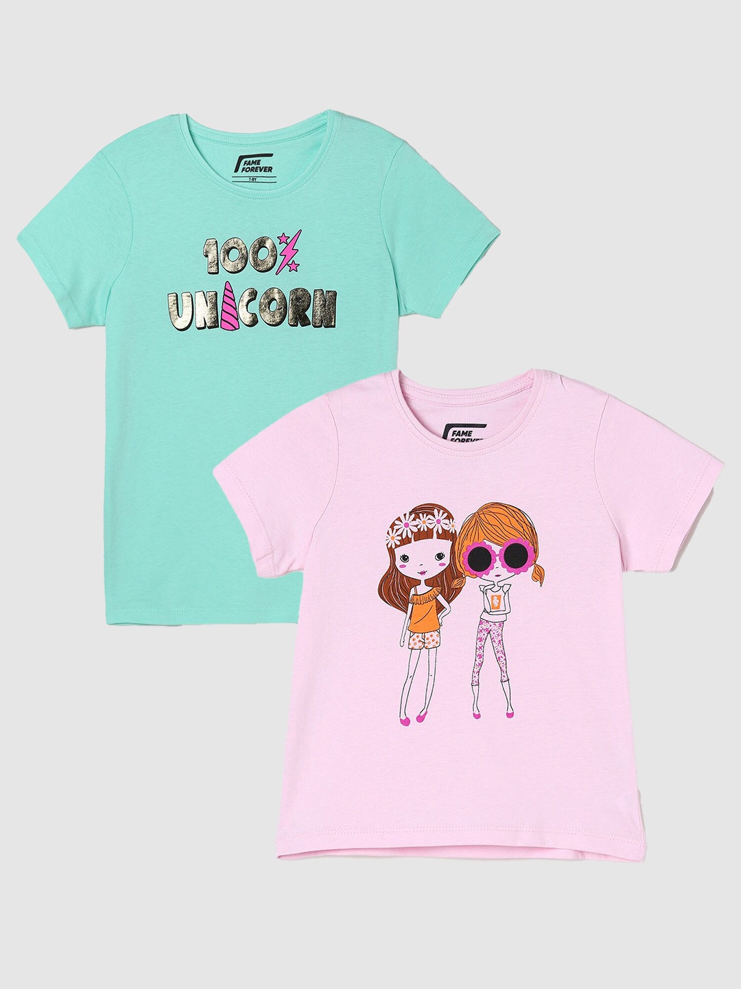 

Fame Forever by Lifestyle Girls Pack Of 2 Printed Cotton T-Shirts, Pink