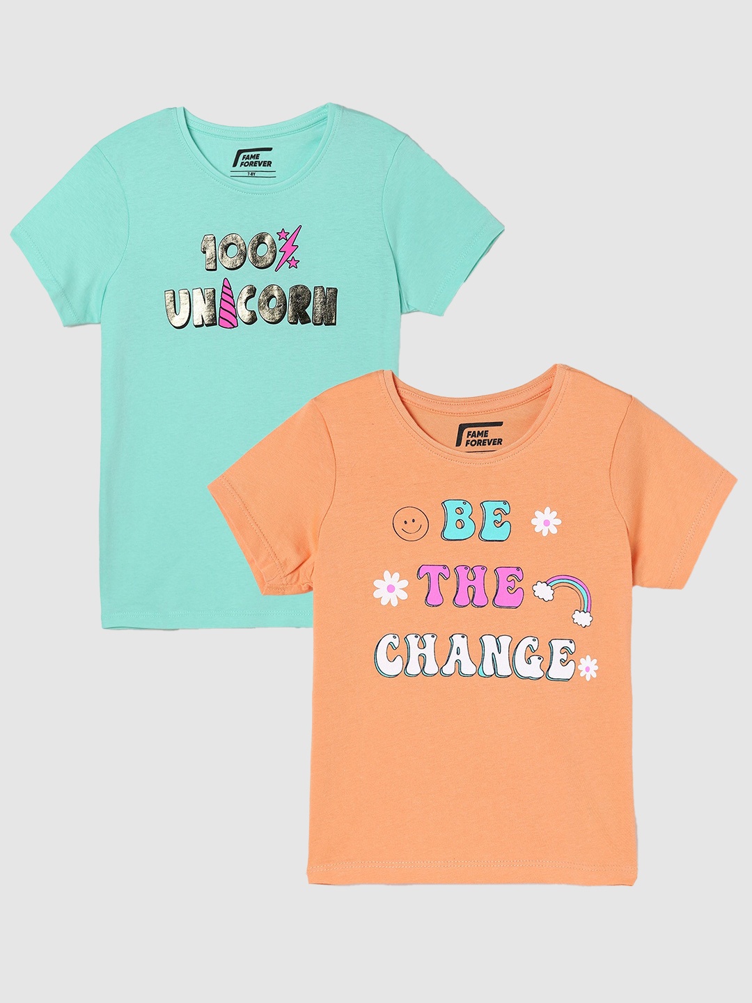 

Fame Forever by Lifestyle Girls Pack Of 2 Printed Cotton T-Shirts, Orange