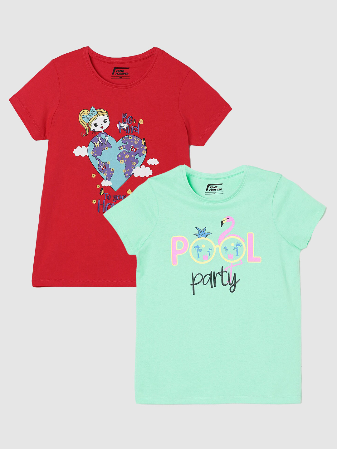 

Fame Forever by Lifestyle Girls Pack Of 2 Printed Cotton T-Shirts, Sea green