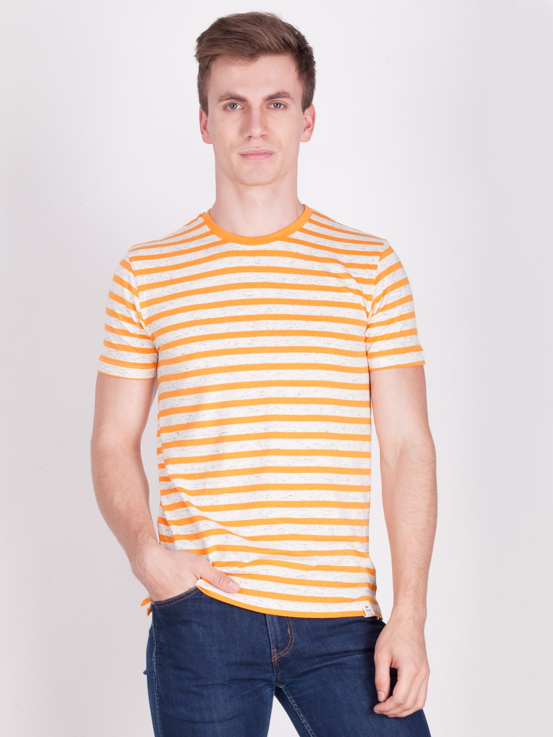 

Force NXT Men Orange & Off-White Striped Round Neck T-shirt