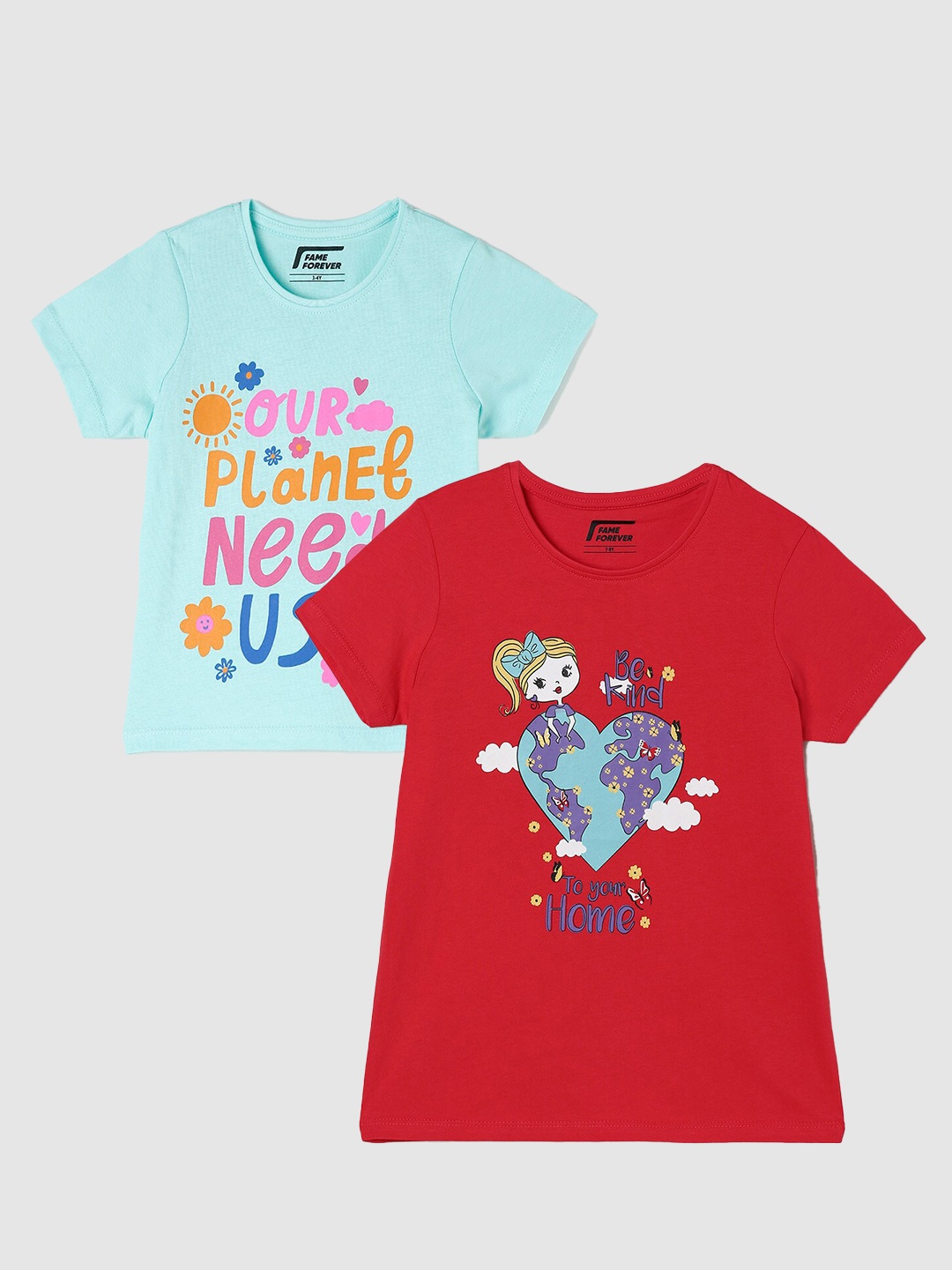 

Fame Forever by Lifestyle Girls Pack Of 2 Printed Cotton T-Shirts, Red