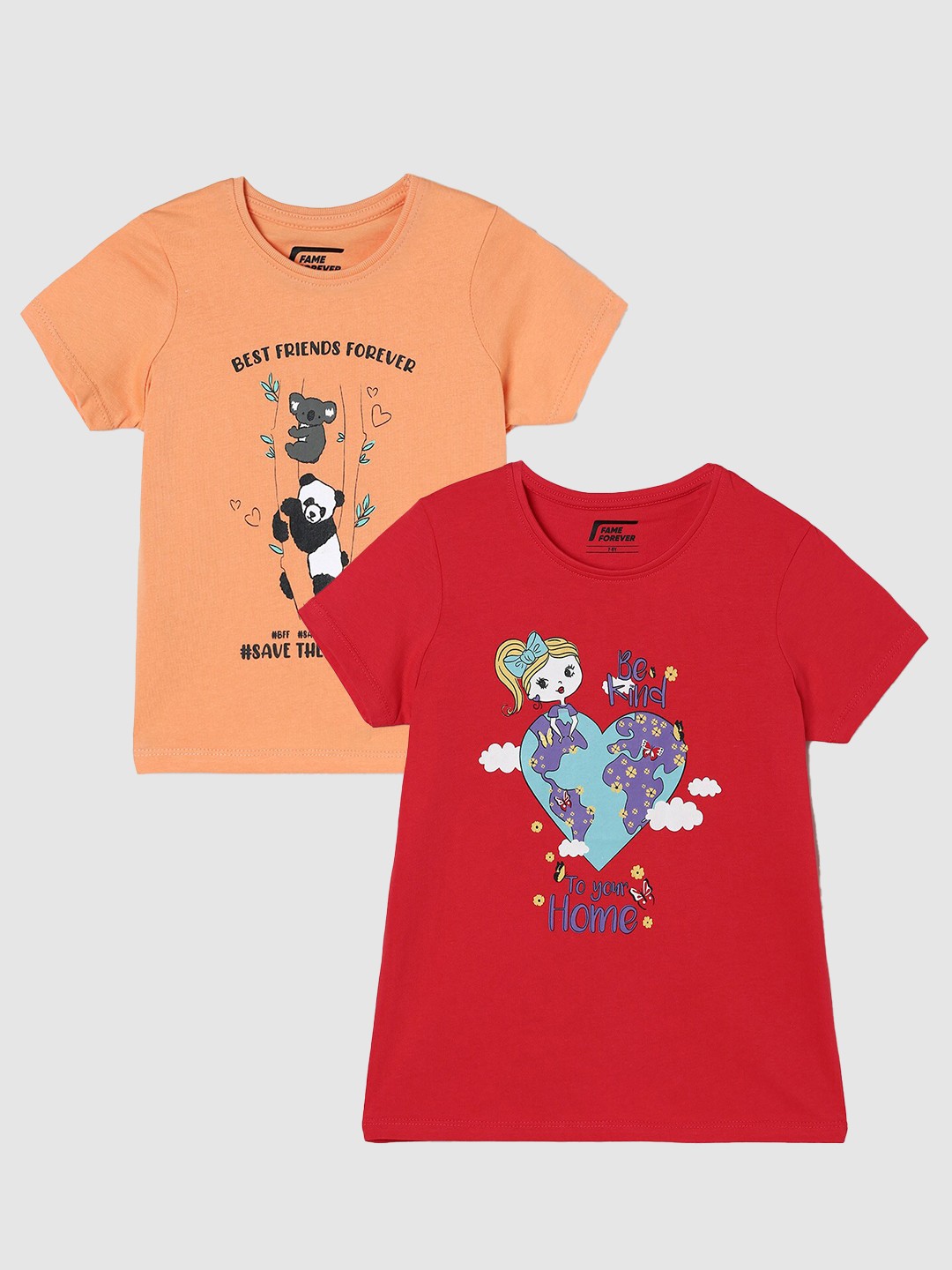 

Fame Forever by Lifestyle Girls Pack Of 2 Graphic Printed Cotton T-Shirts, Red