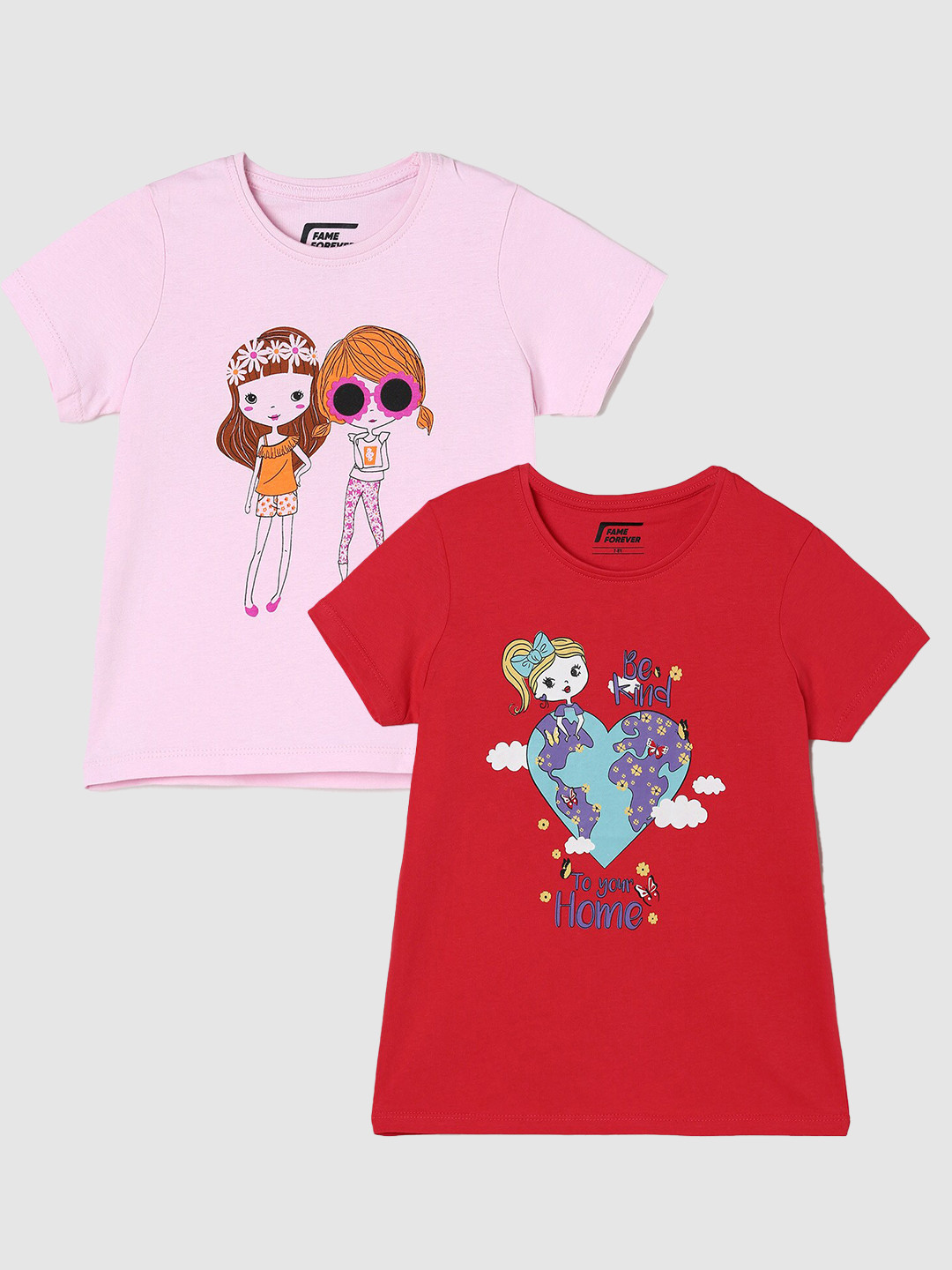 

Fame Forever by Lifestyle Girls Pack Of 2 Graphic Printed Cotton T-Shirts, Red