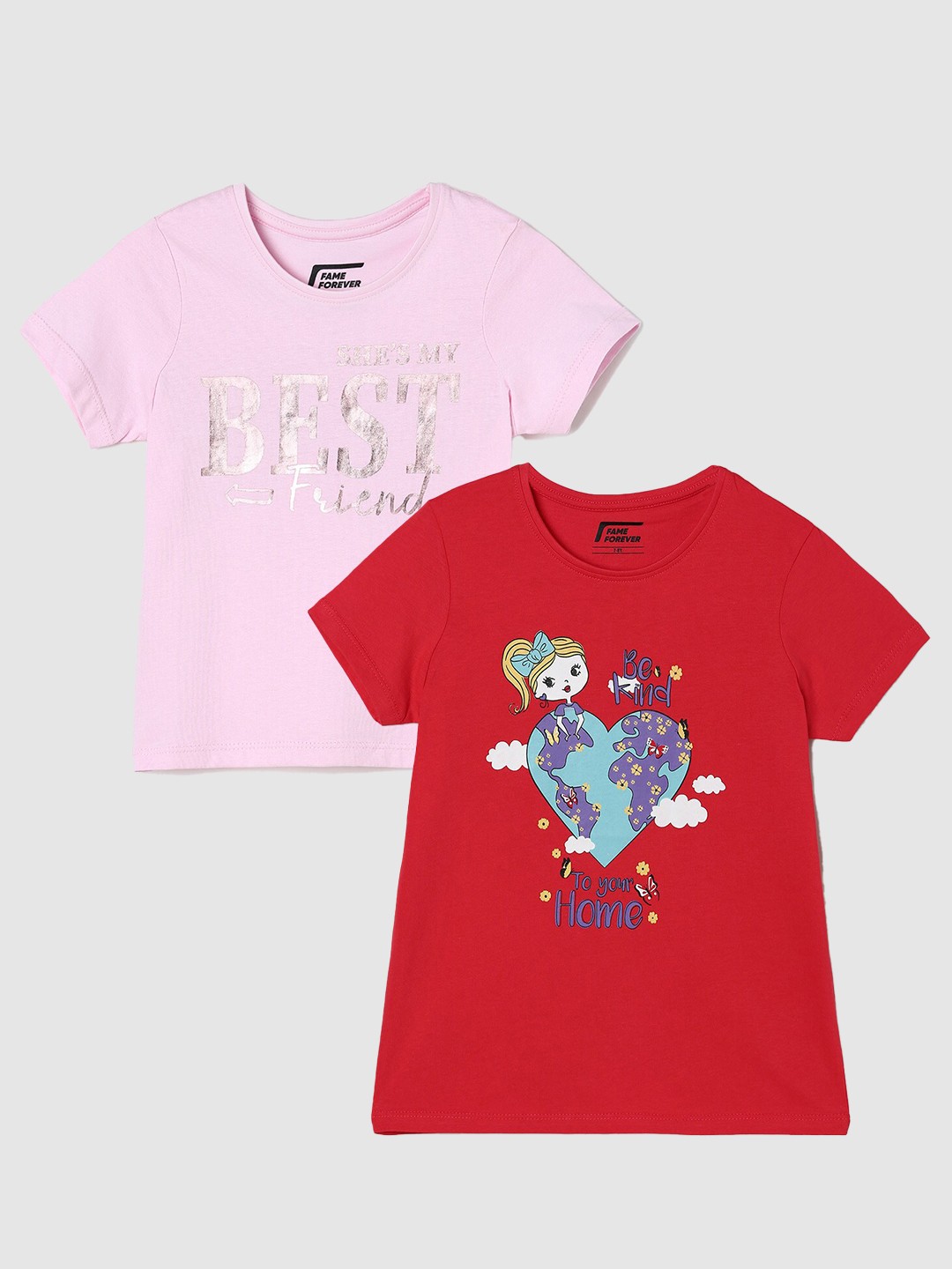 

Fame Forever by Lifestyle Girls Pack Of 2 Printed Cotton T-Shirts, Red