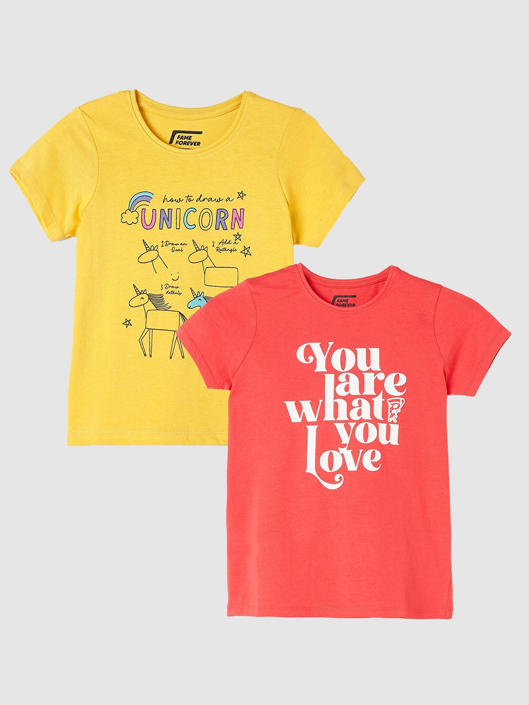 

Fame Forever by Lifestyle Girls Pack Of 2 Typography Printed Cotton T-Shirts, Coral