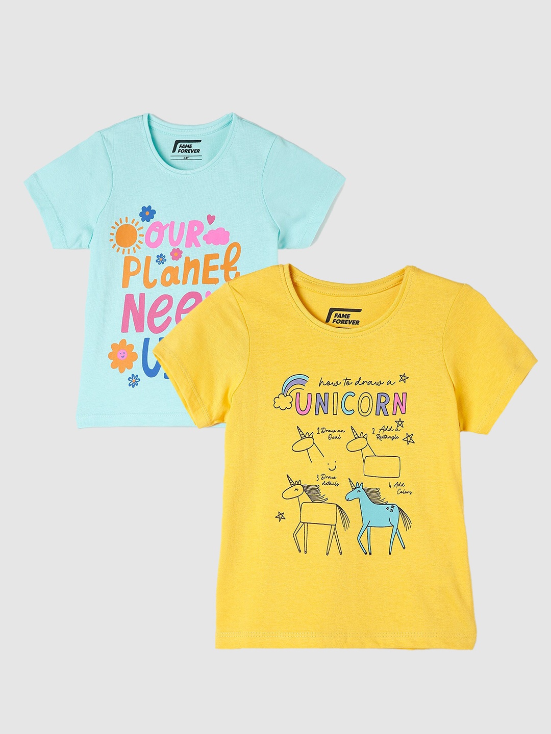 

Fame Forever by Lifestyle Girls Pack Of 2 Typography Printed Cotton T-Shirts, Yellow