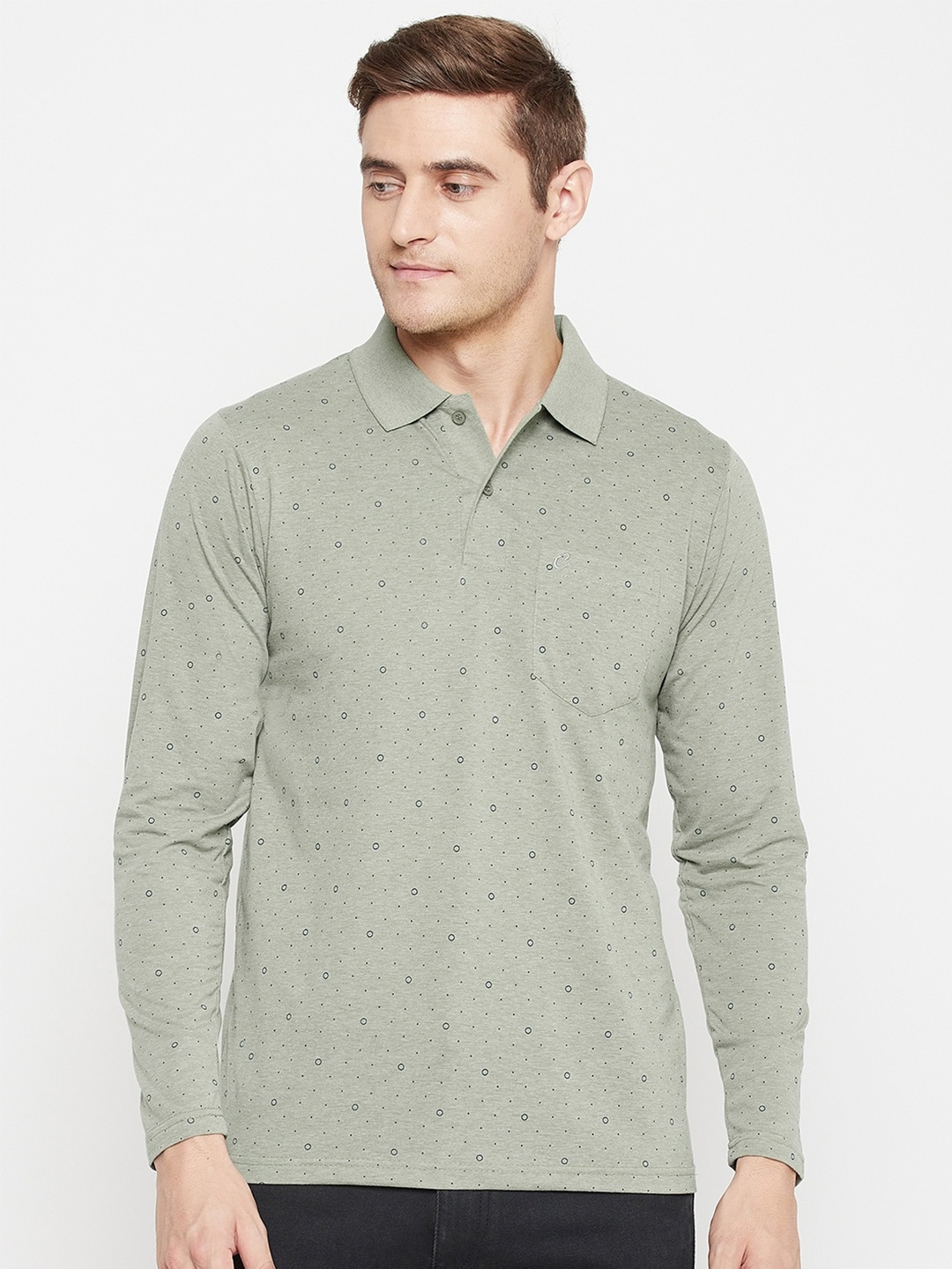 

Camey Geometric Printed Polo Collar Long Sleeves Cotton T-shirt, Green