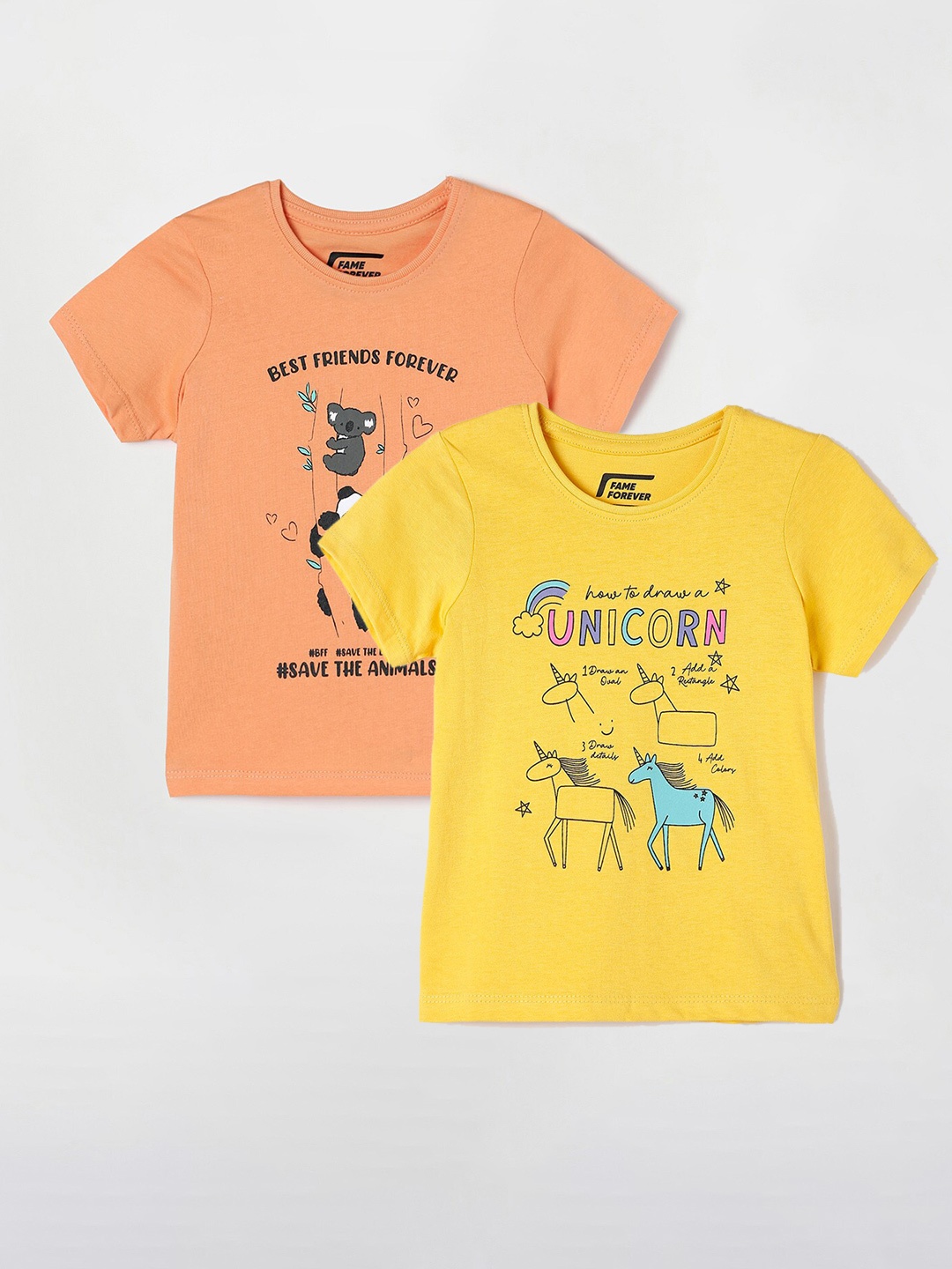 Fame Forever by Lifestyle Girls Pack Of 2 Printed Cotton T-Shirts, Yellow