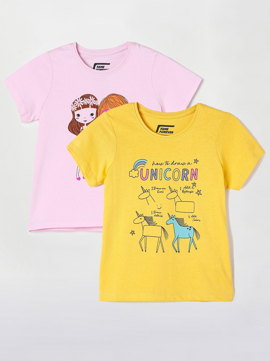 

Fame Forever by Lifestyle Girls Pack Of 2 Printed Cotton T-Shirts, Yellow