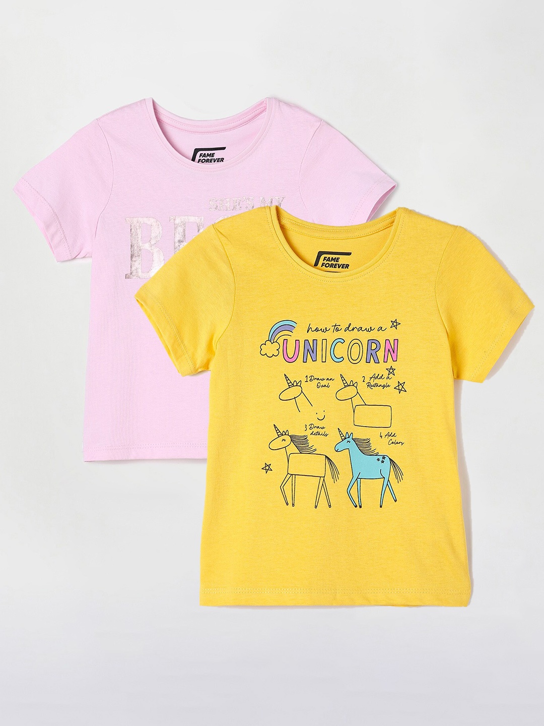 

Fame Forever by Lifestyle Girls Pack Of 2 Typography Printed Cotton T-Shirts, Yellow