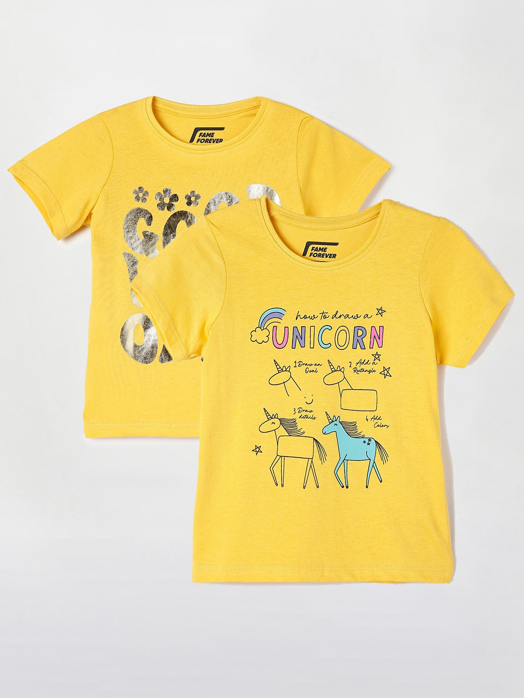

Fame Forever by Lifestyle Girls Pack Of 2 Typography Printed Cotton T-Shirts, Yellow