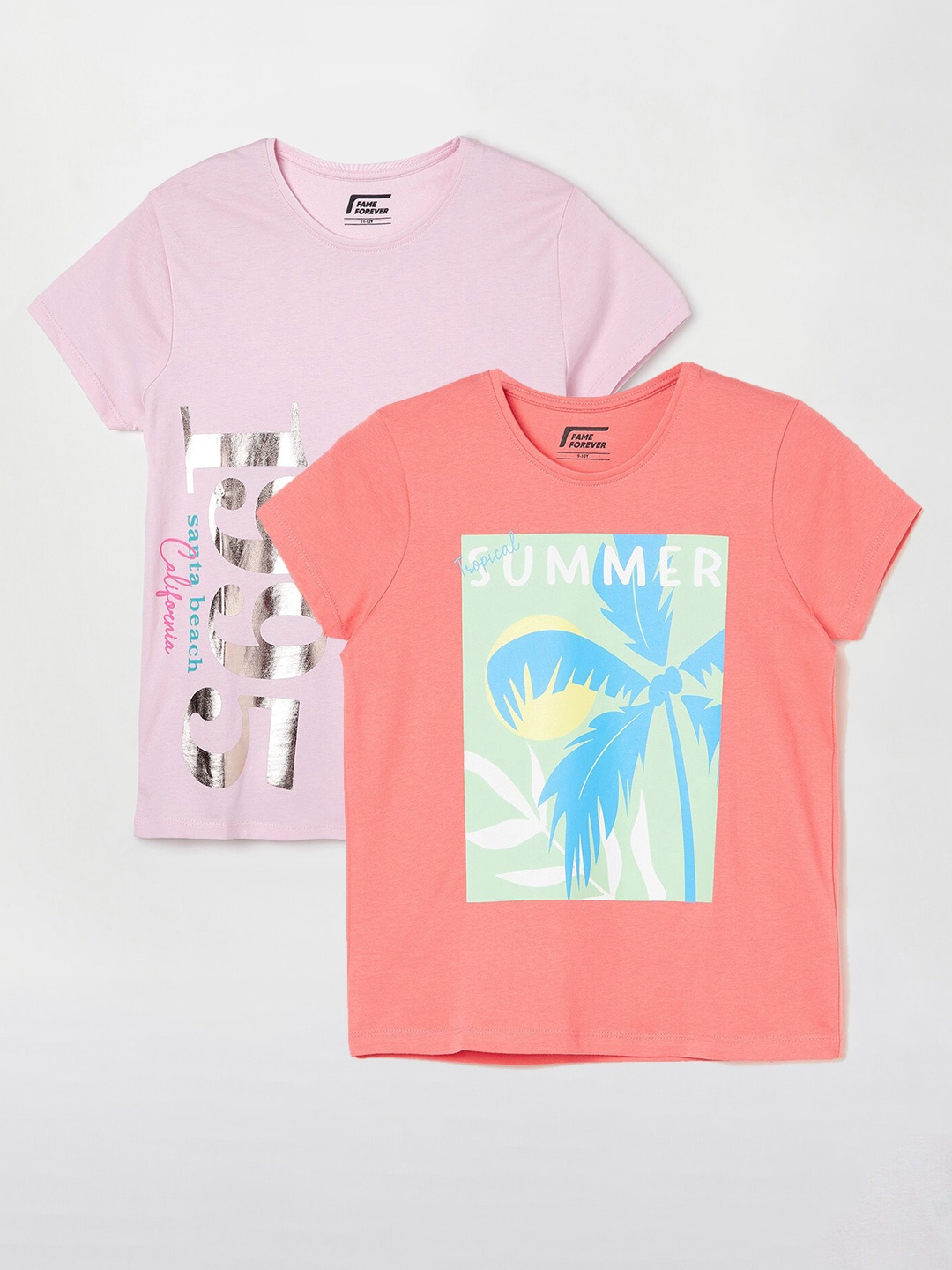 

Fame Forever by Lifestyle Girls Pack Of 2 Printed Cotton T-Shirts, Coral