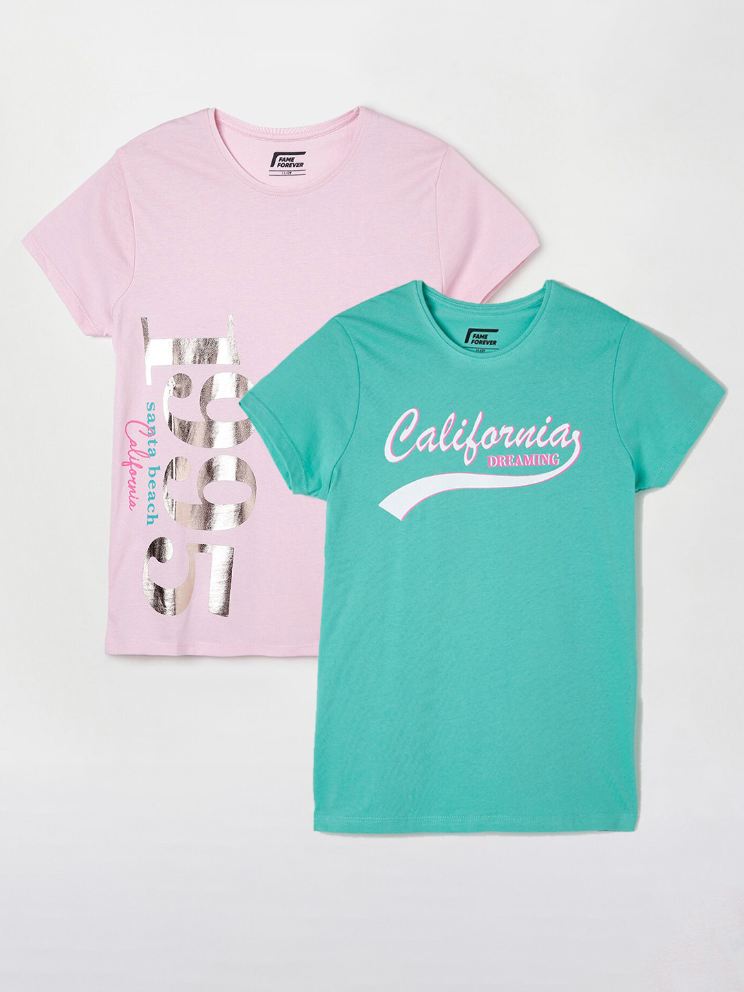

Fame Forever by Lifestyle Girls Pack Of 2 Typography Printed Cotton T-Shirts, Green