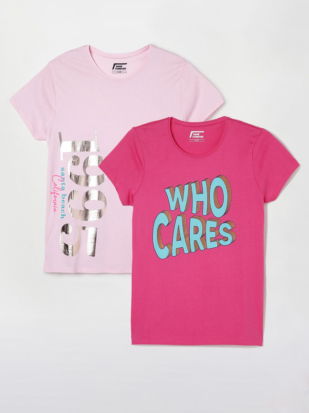 

Fame Forever by Lifestyle Girls Pack Of 2 Typography Printed Cotton T-Shirts, Pink