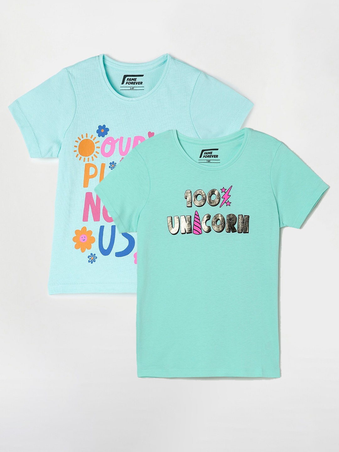 

Fame Forever by Lifestyle Girls Pack Of 2 Typography Printed Cotton T-Shirts, Green