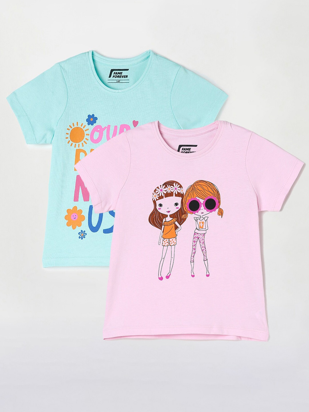 

Fame Forever by Lifestyle Girls Pack Of 2 Printed Cotton T-Shirts, Pink