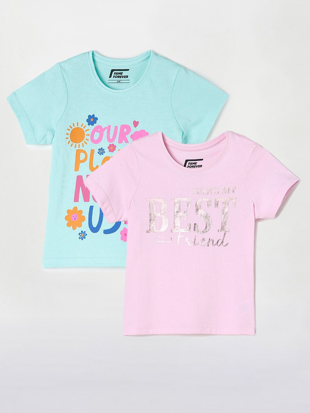 

Fame Forever by Lifestyle Girls Pack Of 2 Typography Printed Cotton T-Shirts, Pink
