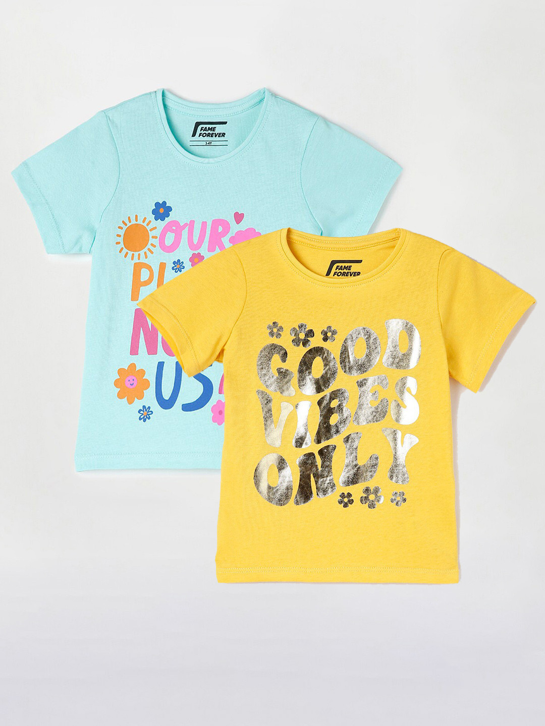 

Fame Forever by Lifestyle Girls Pack Of 2 Typography Printed Cotton T-Shirts, Yellow