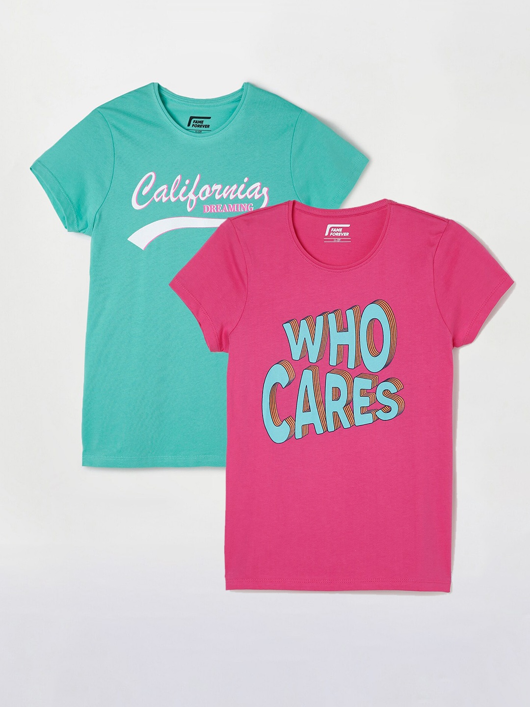 

Fame Forever by Lifestyle Girls Pack Of 2 Typography Printed Cotton T-Shirts, Pink