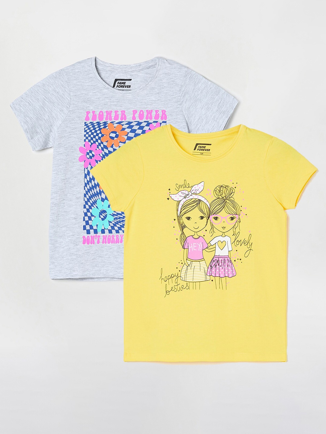 

Fame Forever by Lifestyle Girls Pack Of 2 Graphic Printed Cotton T-Shirts, Yellow