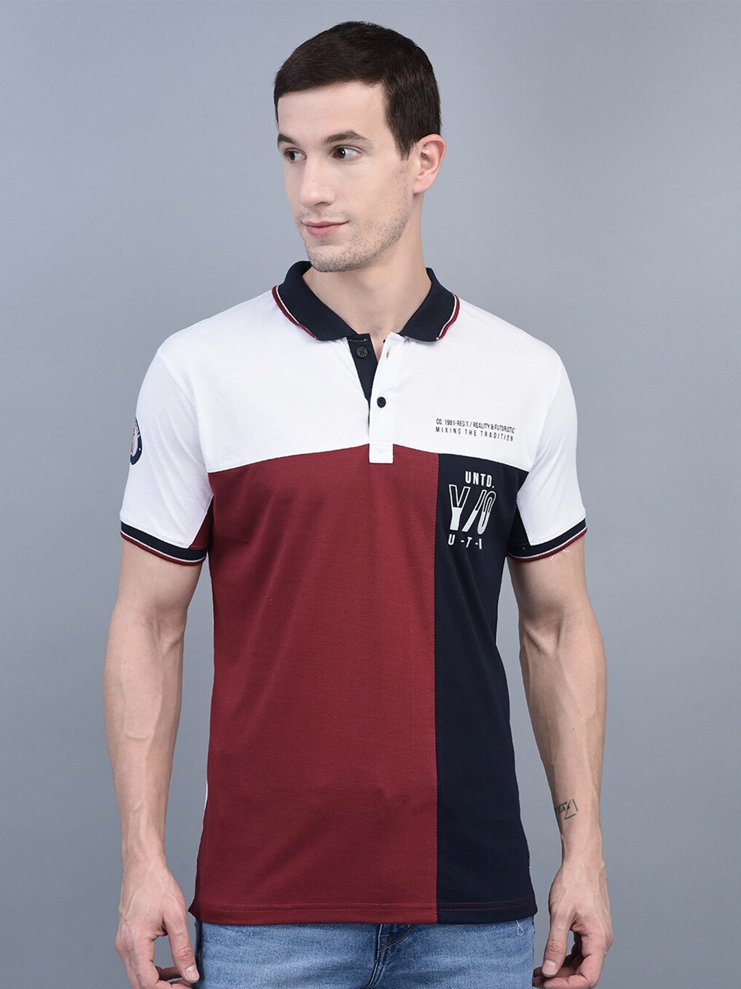 

COBB Colourblocked Polo Collar Cotton T-shirt, Maroon