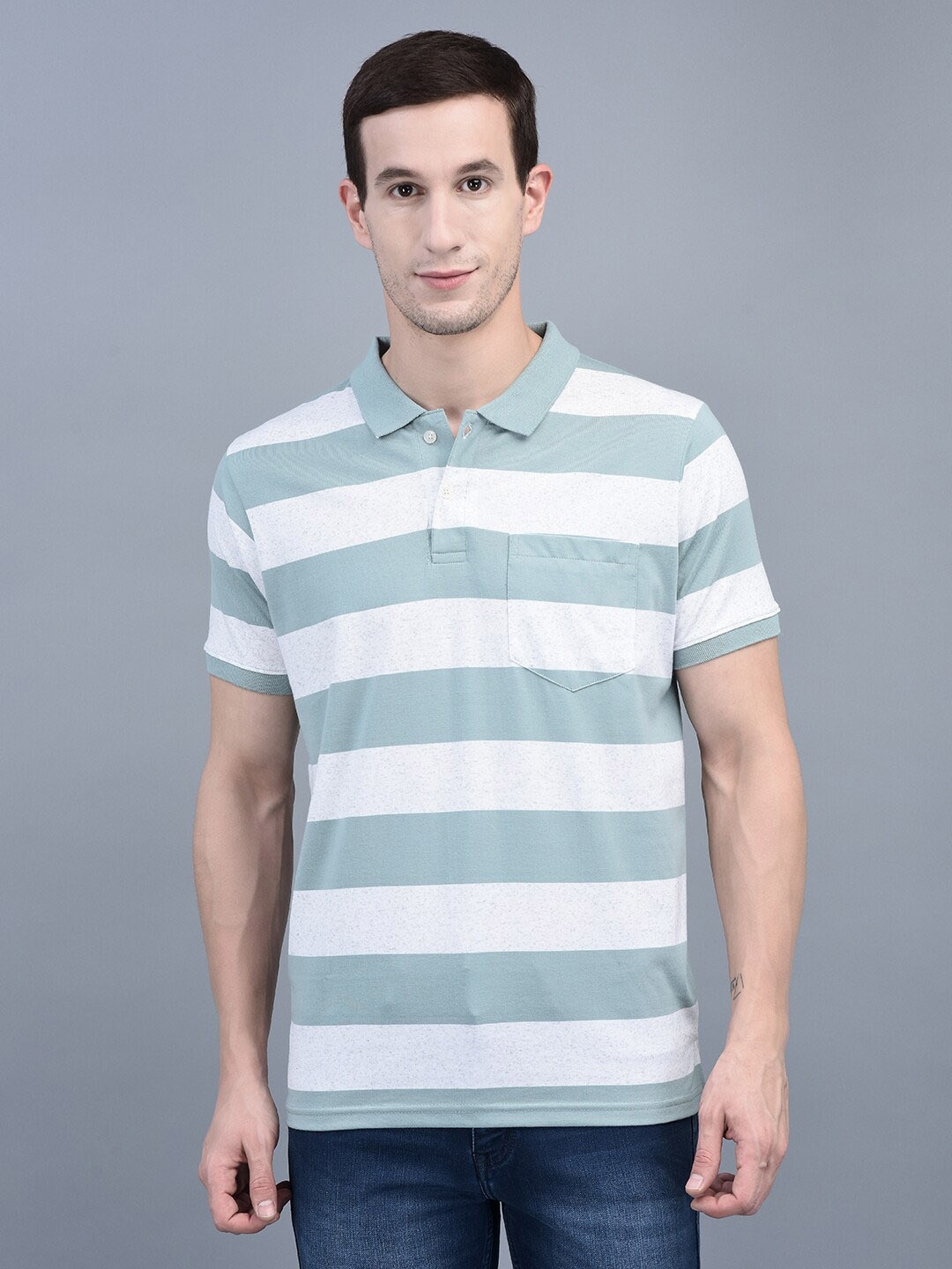 

COBB Striped Polo Collar Pockets T-shirt, Blue
