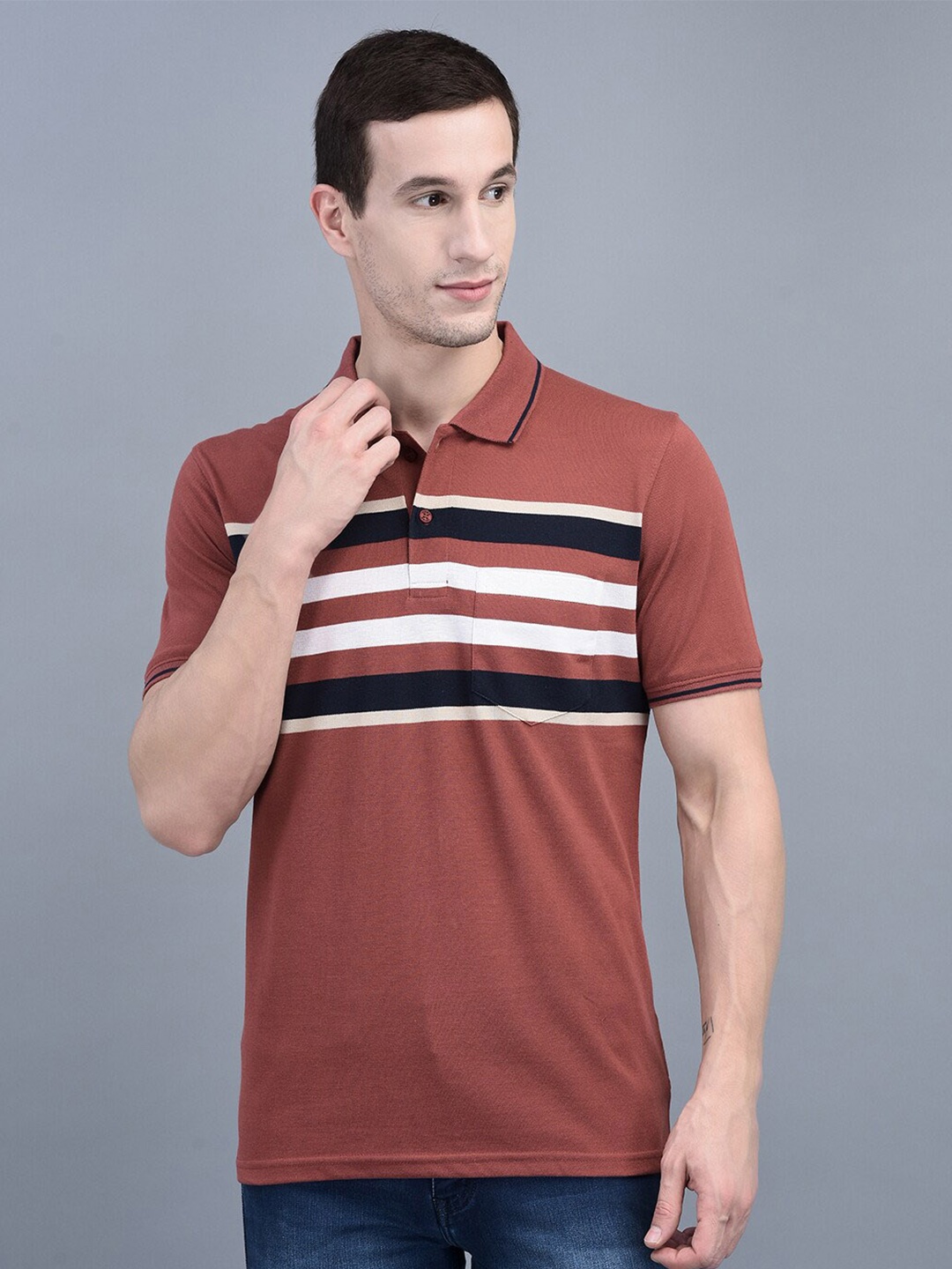 

COBB Striped Polo Collar Cotton T-shirt, Brown